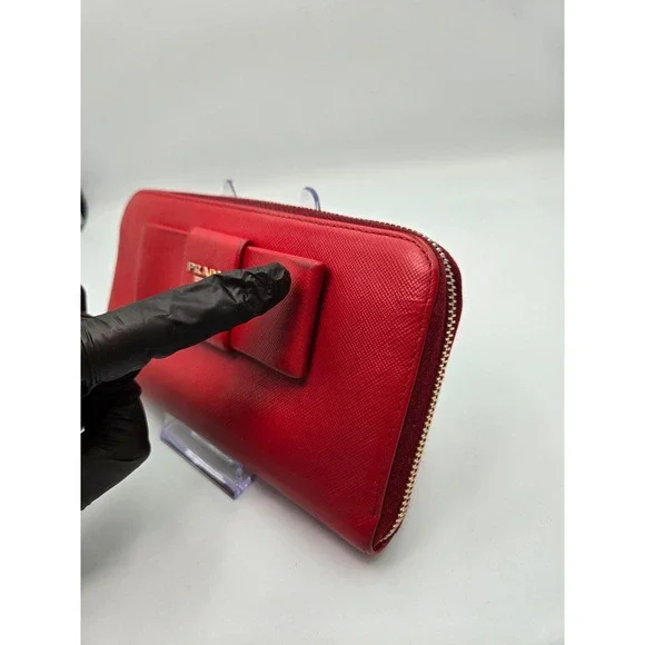Prada Red Saffiano Leather Bow Continental‎ Zip Around Wallet Authentic - Picture 3 of 13